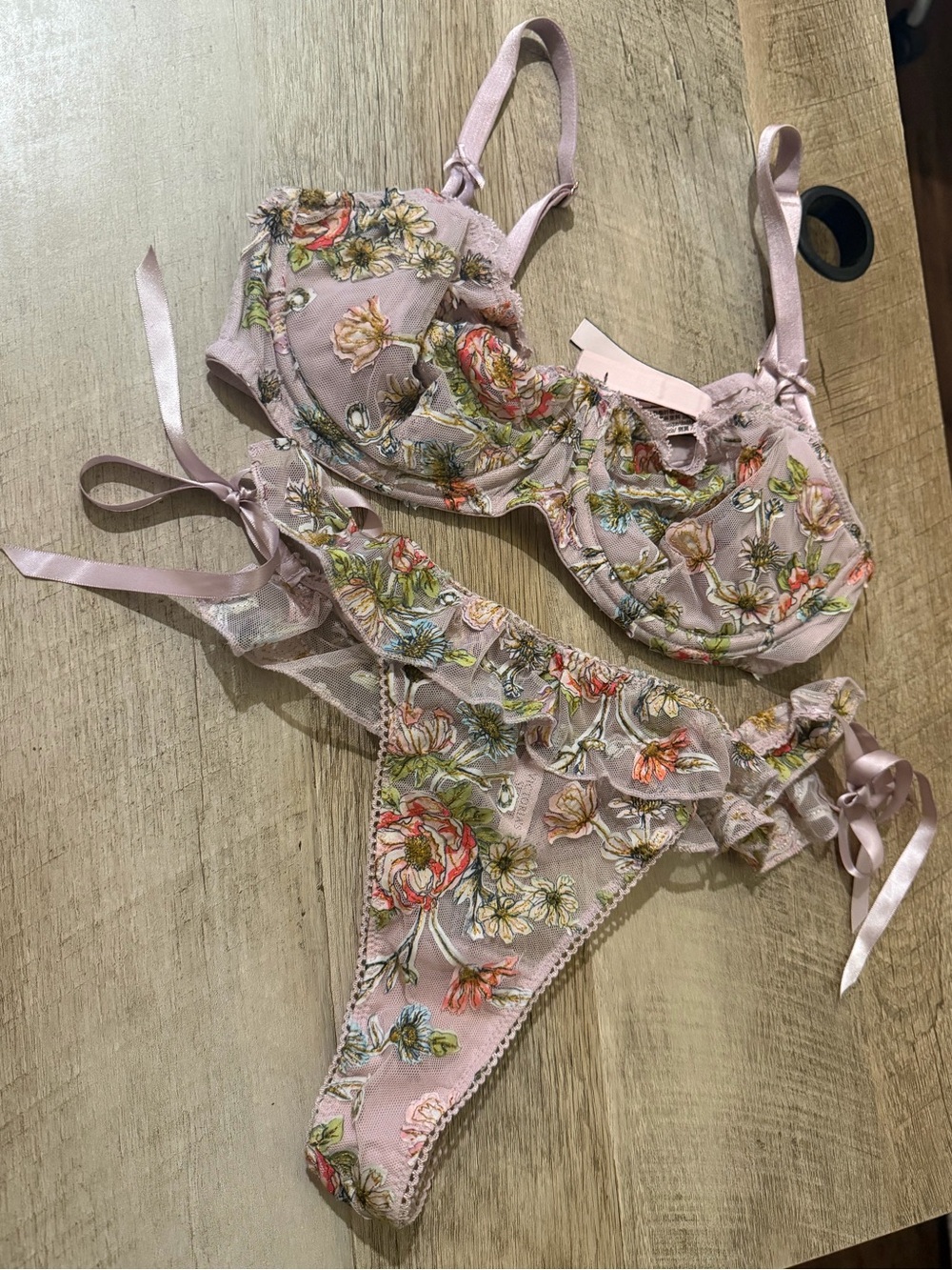 Victoria's Secret Dream Angels Pink Floral Embroidered Bra & Tie-Side Thong Set